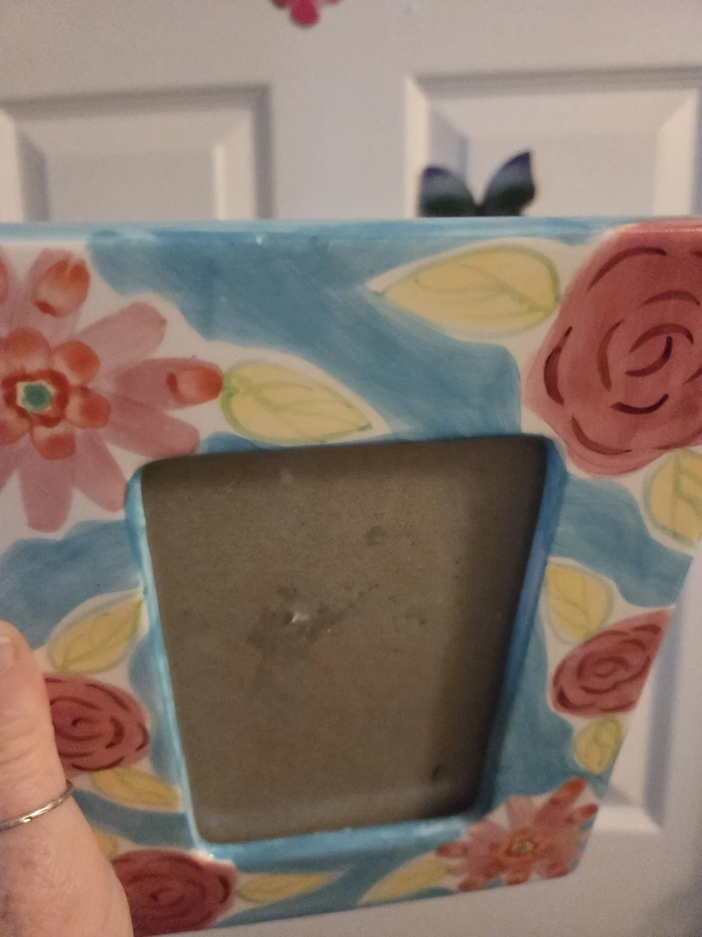 Eclectic Hand-Painted Floral Frame in Blue, Pink Flowers Boho